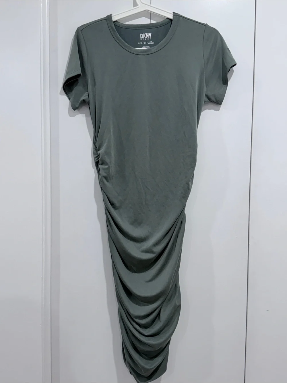 Ruched Side Short Sleeve Midi Dress - Olive Green